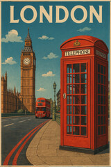 Obraz premium London cityscape with iconic red telephone box, Big Ben clock tower, double-decker bus, historic architecture, UK travel destination, British culture.