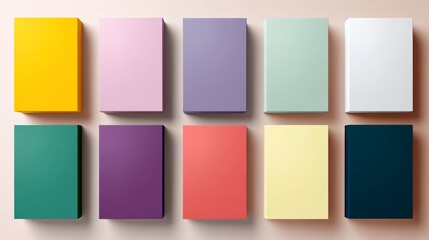 Fototapeta premium Series of boxes with different colors and sizes. The boxes are arranged in a row, with the first box being yellow and the last box being blue. The boxes are all different colors, including purple