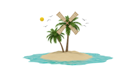 Isolated Tropical Island with Palm Trees, Windmill, and Birds