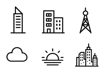 Naklejka premium Minimalist urban icons: buildings, tower, cloud, sunset.