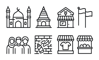 Fototapeta premium Outline illustrations of cultural buildings, shops, people, and markets.