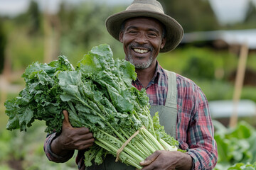 Smiling male farmer proudly carrying fresh vegetables at sunny farm
