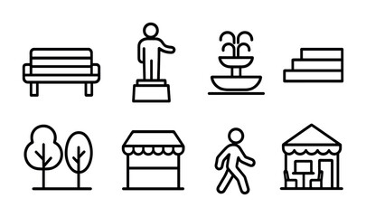Urban park icons set: bench, statue, fountain, steps, trees, market stall, walker, tent.