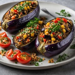 A delicious and healthy vegetarian dish of baked beans with fresh vegetables and ripe tomatoes