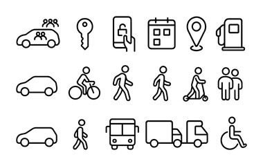 Transportation icons set featuring cars, bicycles, scooters, and accessibility symbols.