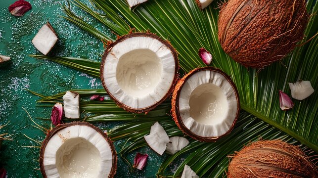 Fresh coconuts and palm leaves on tropical summer background