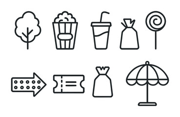 Collection of cinema and snack icons with popcorn, drink, umbrella, and more.