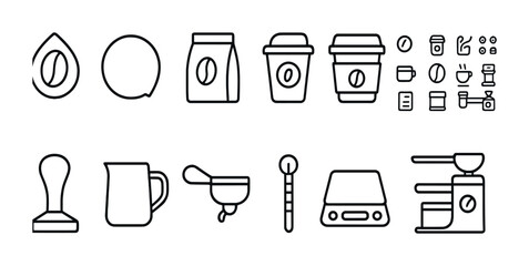 Coffee equipment icons: cups, grinders, scales, and tools for brewing.