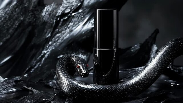 A black snake is curled up next to a bottle of perfume. The snake is surrounded by a dark background, which adds to the mysterious and alluring atmosphere of the scene
