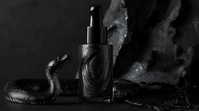 A black snake is curled up next to a bottle of perfume. The snake is surrounded by a dark background, which adds to the mysterious and alluring atmosphere of the scene