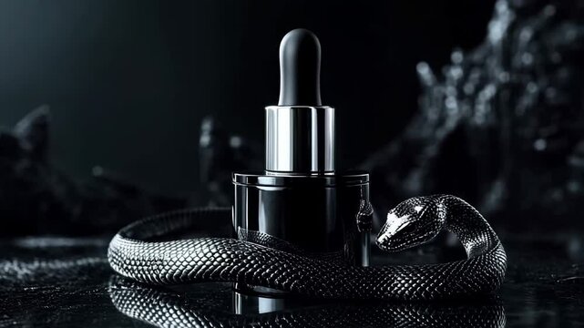 A black snake is curled up next to a bottle of perfume. The snake is surrounded by a dark background, which adds to the mysterious and alluring atmosphere of the scene