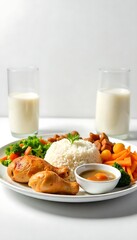 Generative AI depiction of a nutritious balanced meal featuring chicken and milk