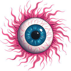 Illustration of a blue eyeball surrounded by pink filaments.
