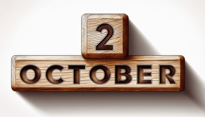 Illustration of wooden blocks with date 2 October. Day and month, simple calendar