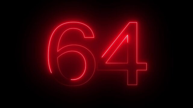Glowing neon red number 64 digital display light on dark background animated countdown timer resolution luminous modern technology digital signage