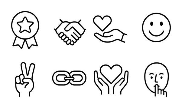 Set of eight minimalist icons representing various symbols and actions.