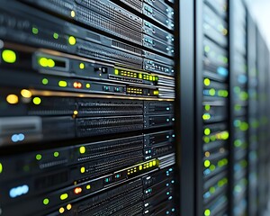 Server racks filled with computer hardware components.