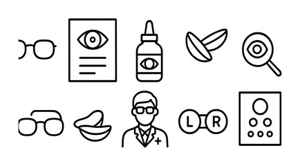 Fototapeta premium Eye care icons: glasses, contact lenses, eye chart, optometrist, eye dropper.