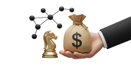 Isolated Hand Holding Money Bag with Chess Piece and Network Symbol