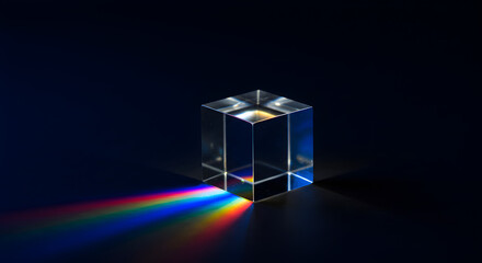 Glass Prism Cube Showing Light Spectrum Against Dark Background for Physics and Optics