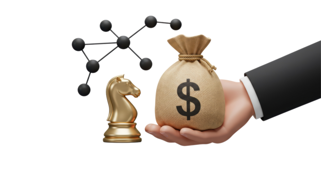 Isolated Hand Holding Money Bag with Chess Piece and Network Symbol