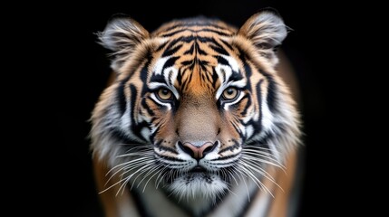 Close-up of a tiger's intense gaze.  A striking portrait of a tiger, showcasing its powerful features and focused expression against a stark black background