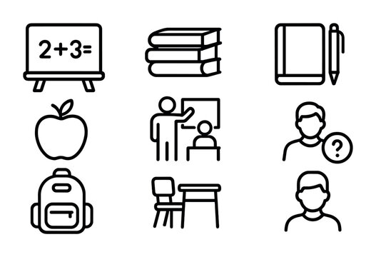 Simple classroom icons: math, books, notebook, apple, teaching, backpack, desk, question.