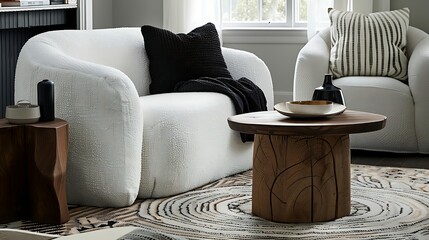 Elegant lounge space featuring plush white armchairs and rustic wooden side tables
