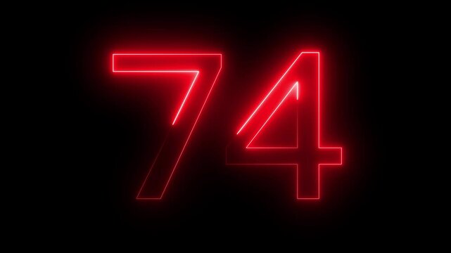 Neon numbers 74 glowing luminous red light numbers displayed on black background neon light effect for digital signage display l e d lighting futuristic