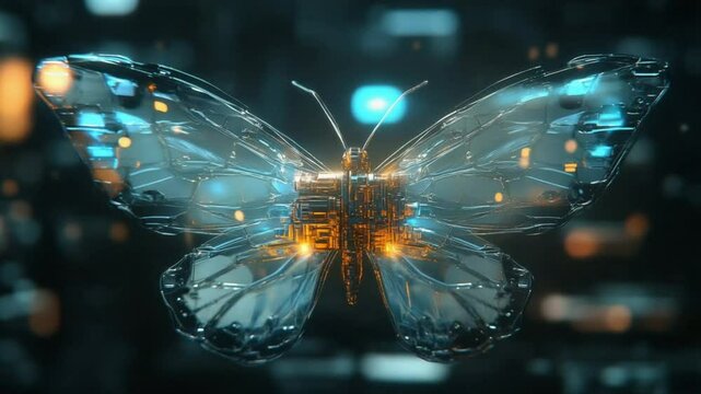A futuristic glass butterfly with digital circuits, glowing in neon colors.