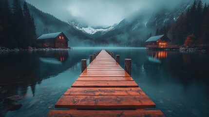 Charming dock extending into a calm lake during a beautiful sunset with stunning reflections on the water