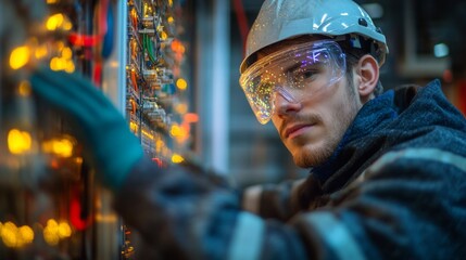 Fototapeta premium Focused Technician Inspecting Industrial Control Panel