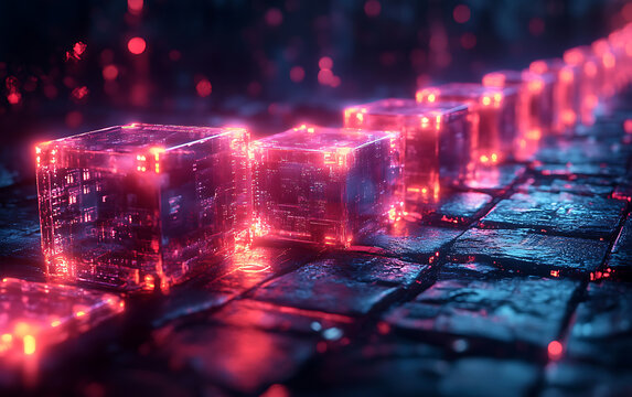 Glowing futuristic curved digital circuit with vibrant orange and pink neon lights in cyber network
