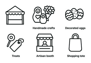 Market icons: artisan booths, handmade crafts, decorated eggs, treats, and shopping tote.