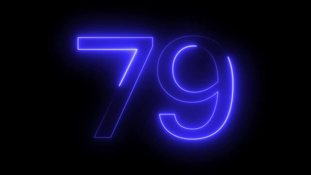 Neon glowing number 79 with blue light effect isolated on dark background