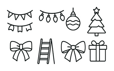 Fototapeta premium Festive holiday decorations: banners, lights, ornaments, tree, bows, gifts, ladder icons.
