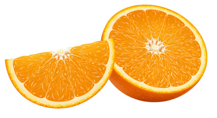 A pair of juicy orange slices with bright color and detailed texture placed on white background used in food, health or fresh fruit visuals for natural and nutrition themes