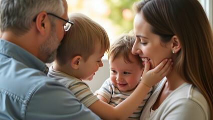Professional image capturing deep familial bonds as parents express heartfelt care and strong affection with their children amidst tender interactions and lasting memories. in  Photo Stock  Concept  a