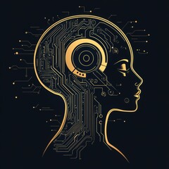 Gold Outline of a Female Head with Circuitry Design on a Dark Background