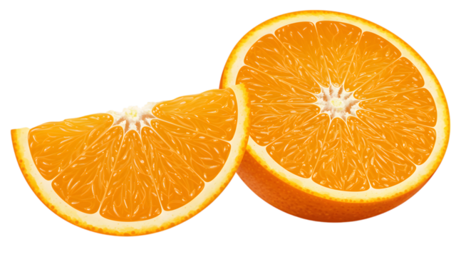 A pair of juicy orange slices with bright color and detailed texture placed on white background used in food, health or fresh fruit visuals for natural and nutrition themes