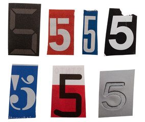 Ransom number font 5 from printout magazine cutout, collage element for graphic design, png isolated on transparent background