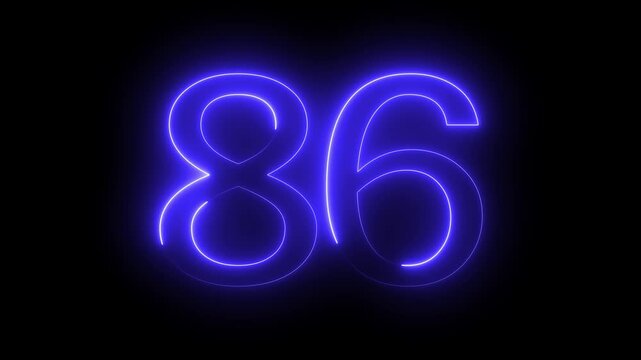 Neon numbers 86 glowing with bright blue light on dark background illuminated concept for countdowns or numerical