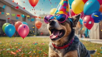 Happy Dog Celebrates Birthday Wearing Party Hat and Sunglasses Outdoors