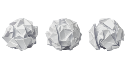 Three crumpled paper balls placed in a row on white background symbolizing failed attempts, discarded ideas or frustration in work or creative processes