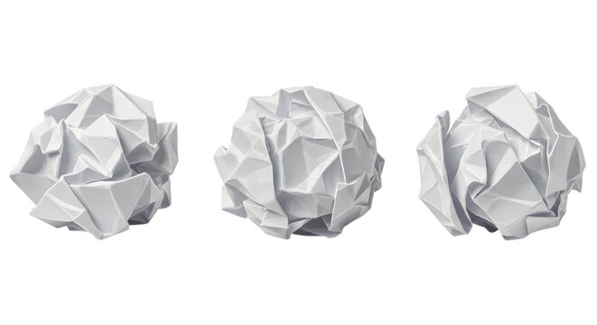 Three crumpled paper balls placed in a row on white background symbolizing failed attempts, discarded ideas or frustration in work or creative processes