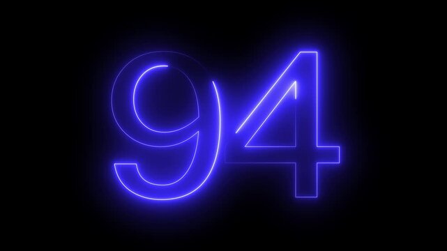 Neon glowing number 94 displayed in bright blue light on dark background closeup shot