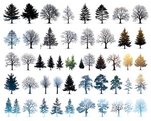 Fototapeta premium Diverse collection of winter tree silhouettes against a white backdrop.