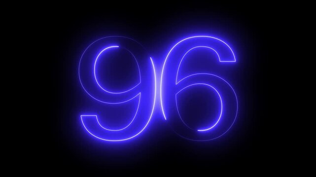 Glowing neon number 96 animated text in bright blue light on black background