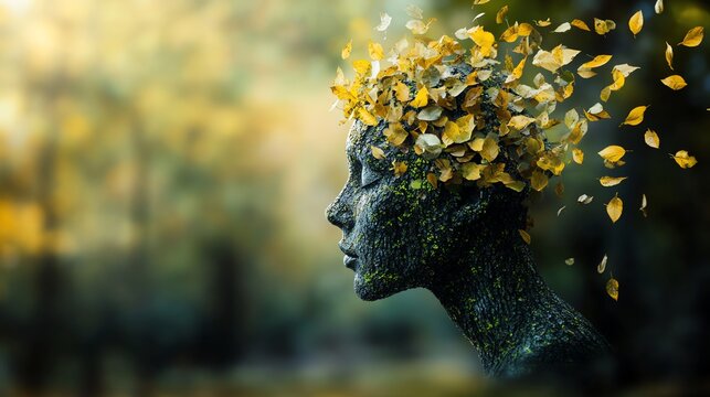 Psychological wellbeing and Mental health deterioration or Emotional stability and personal crisis as a tree head losing leaves as an anxiety symbol