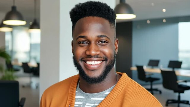 A man in an orange sweater is smiling and holding a piece of paper in front of a printer